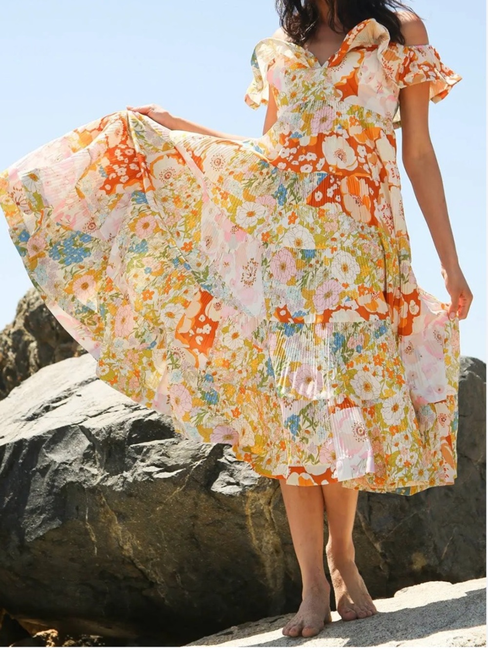 Beulah Style Melody Floral Print Tiered Ruffle Pleated Midi Dress Small $231